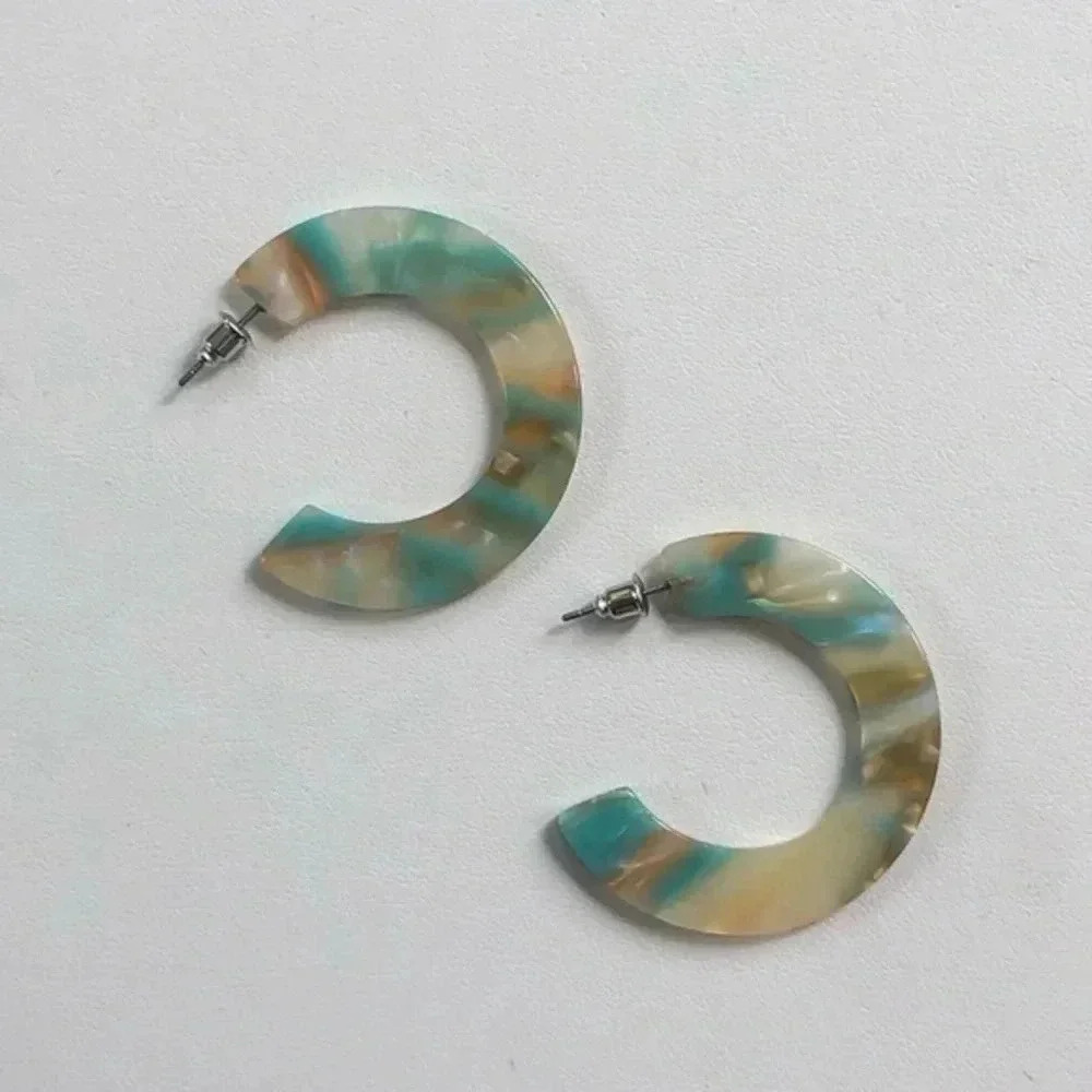 Teal Cream & Tan Semi Hoop Acrylic Stainless Steel Earrings NWT